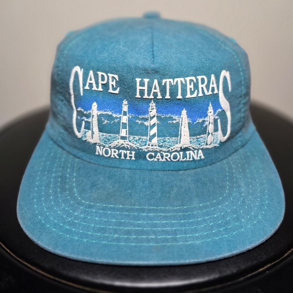 North Carolina Cape Hattera Lighthouses 80s Tourist Blue Leather Strapback Hat